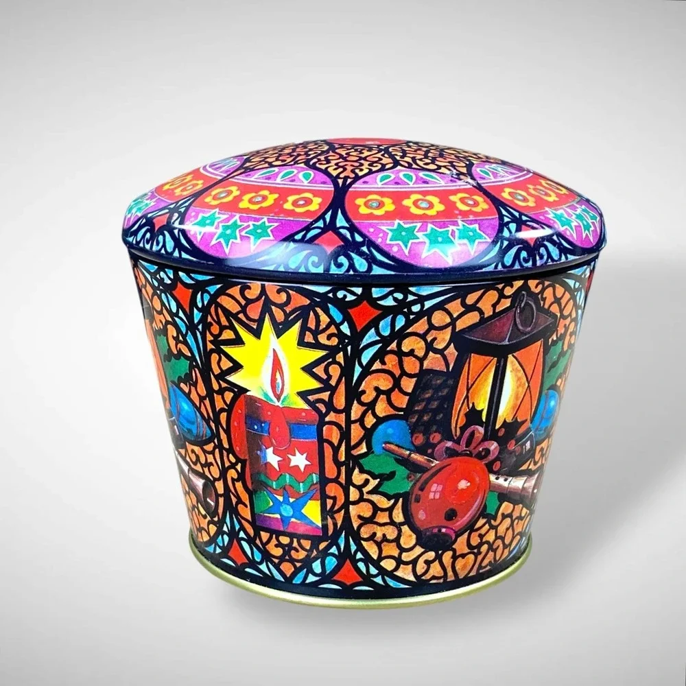 Meister Brazil‎ Tin – 1980s Holiday Stained Glass Collectible Canister Vintage